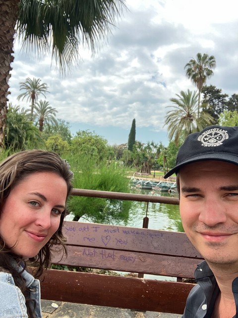 Allison and Jeff on vacation in Barcelona a day after their engagement. In a park they found a bench that said You and I must make a pact Me ❤️ You Not that easy